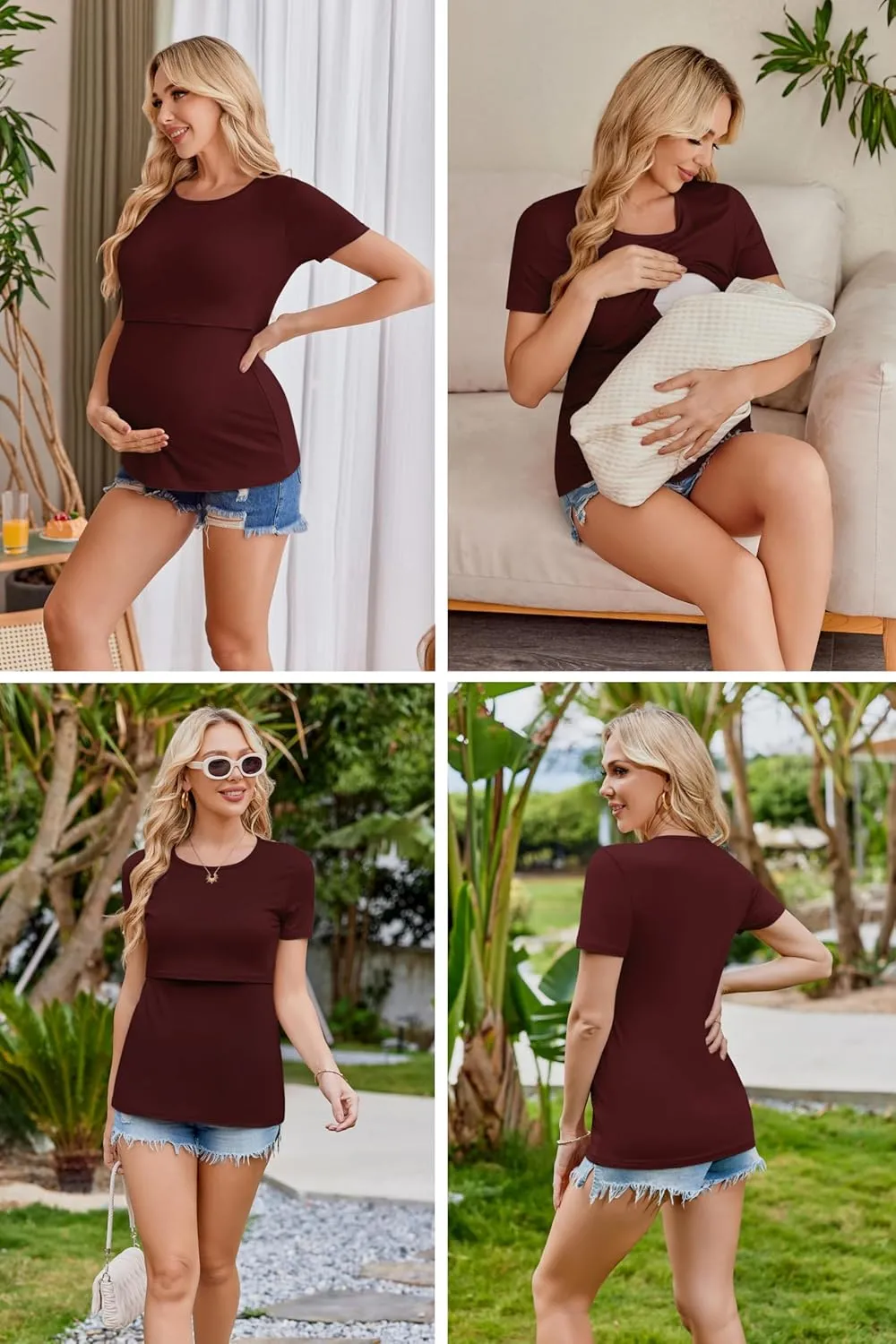 Ekouaer Womens Nursing Tops 3 Pack Double Layer Breastfeeding Shirts Short Sleeve Maternity Clothes S-XXL