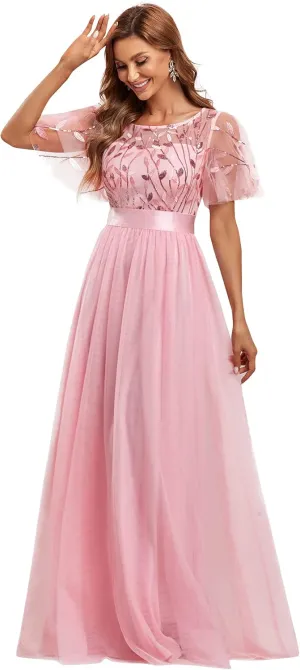 Ever-Pretty Women's Formal Dresses Crew Neck Sequin Ruffle Sleeve Empire Waist Beaded Long Evening Dresses 00904