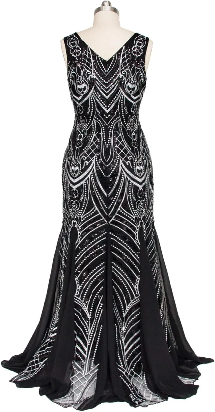 FAIRY COUPLE Trumpet Mermaid V-Neck Chiffon Sequin Floor-Length Evening Dress Women