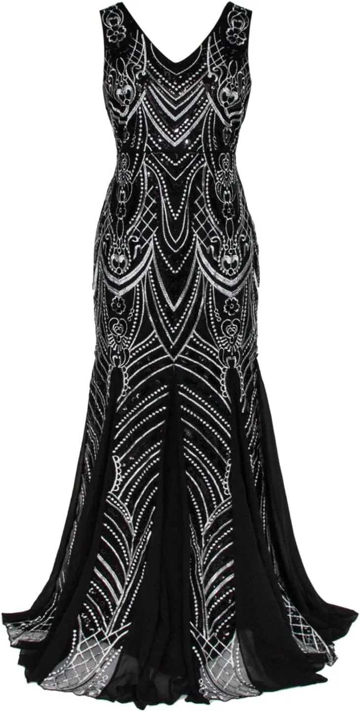 FAIRY COUPLE Trumpet Mermaid V-Neck Chiffon Sequin Floor-Length Evening Dress Women