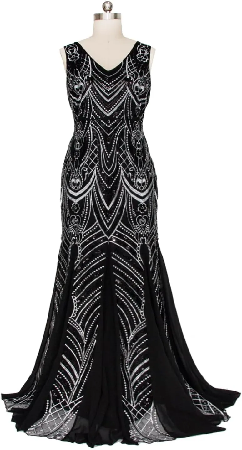 FAIRY COUPLE Trumpet Mermaid V-Neck Chiffon Sequin Floor-Length Evening Dress Women