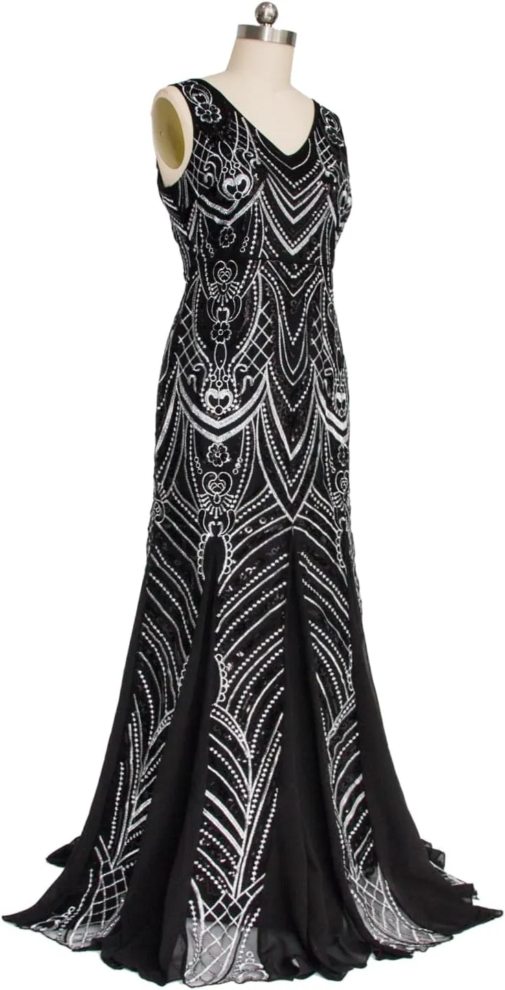 FAIRY COUPLE Trumpet Mermaid V-Neck Chiffon Sequin Floor-Length Evening Dress Women