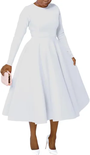 Famnbro Women's Vintage Cocktail Dresses 1950s Round Neck Long Sleeve A Line Formal Church Swing Maxi Dress