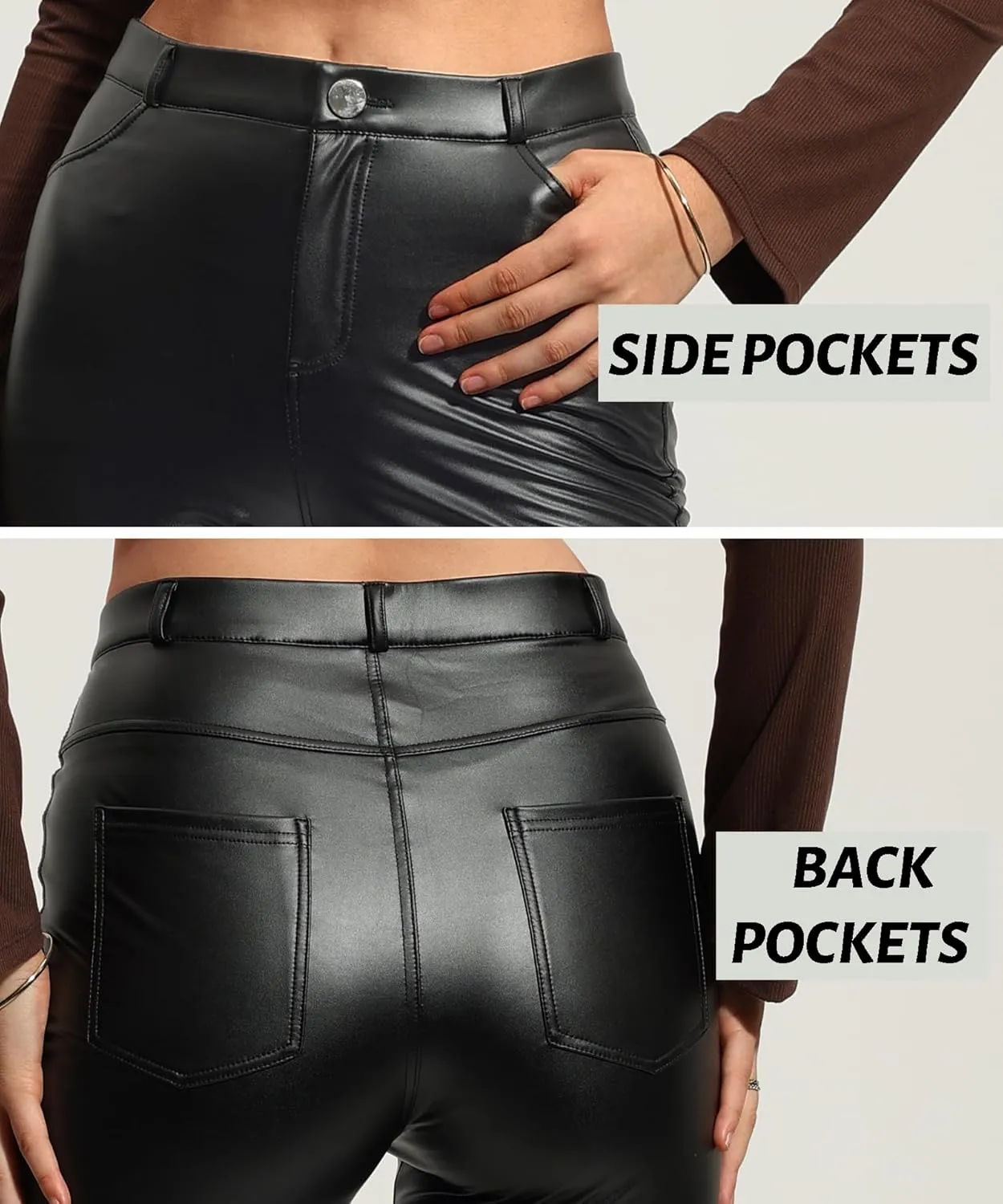 Faux Leather Pants for Women High Waist Straight Wide Leg Flare Leather Pants with Pockets