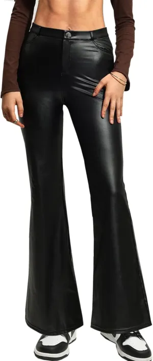 Faux Leather Pants for Women High Waist Straight Wide Leg Flare Leather Pants with Pockets