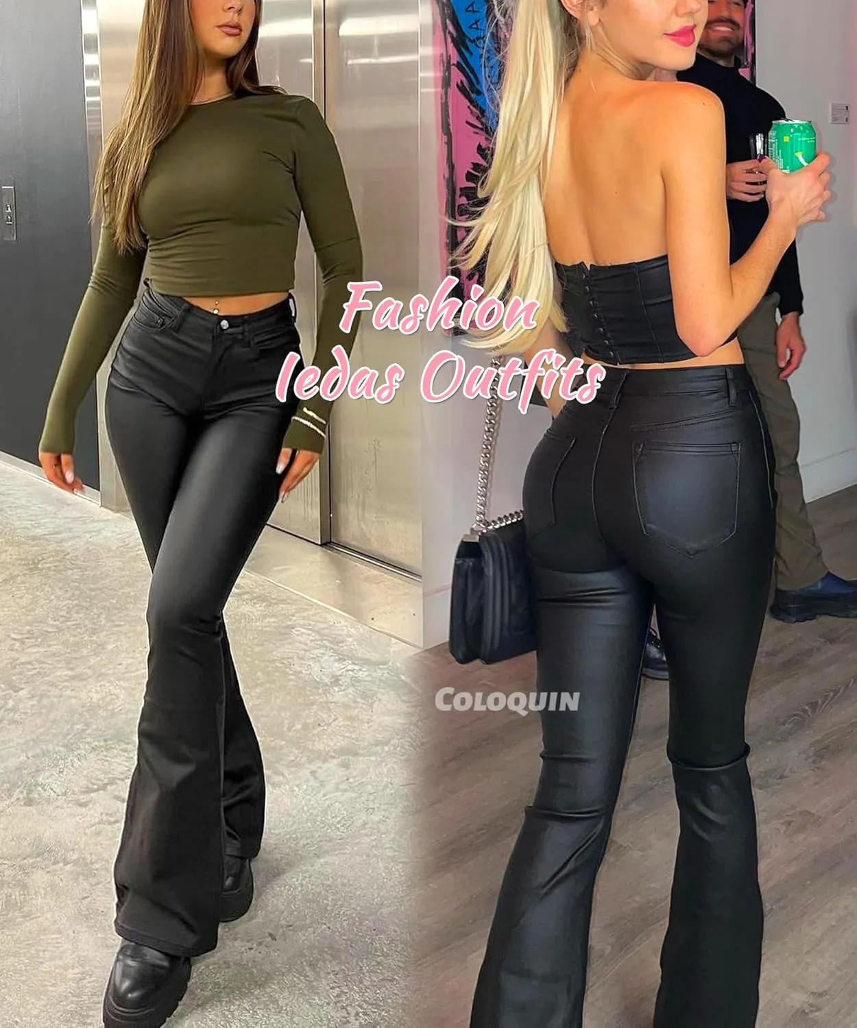 Faux Leather Pants for Women High Waist Straight Wide Leg Flare Leather Pants with Pockets