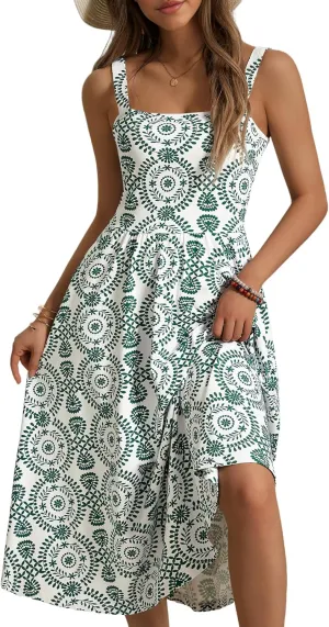 FENSACE Women's Summer Strapped Square Neck Boho Floral A Line Midi Dress with Pockets