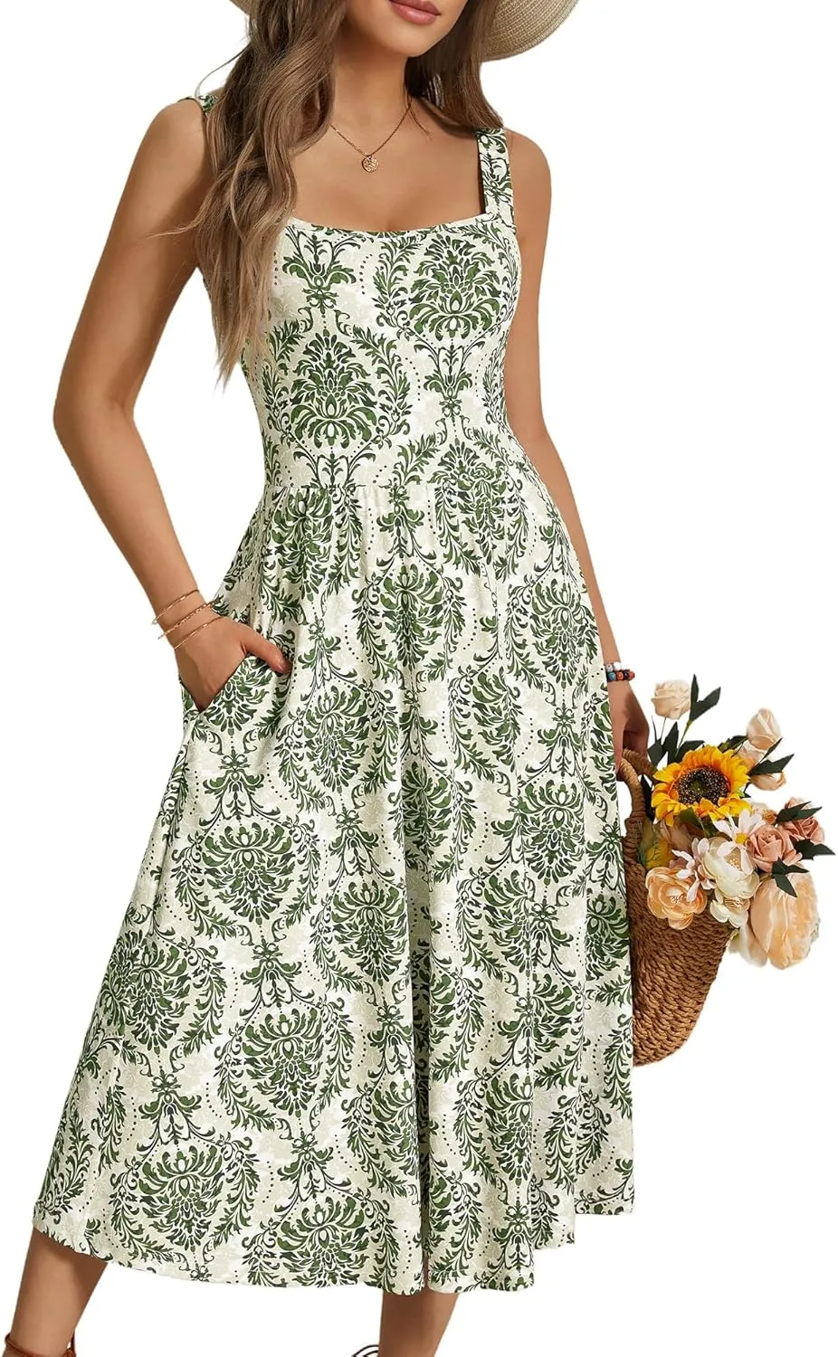 FENSACE Women's Summer Strapped Square Neck Boho Floral A Line Midi Dress with Pockets