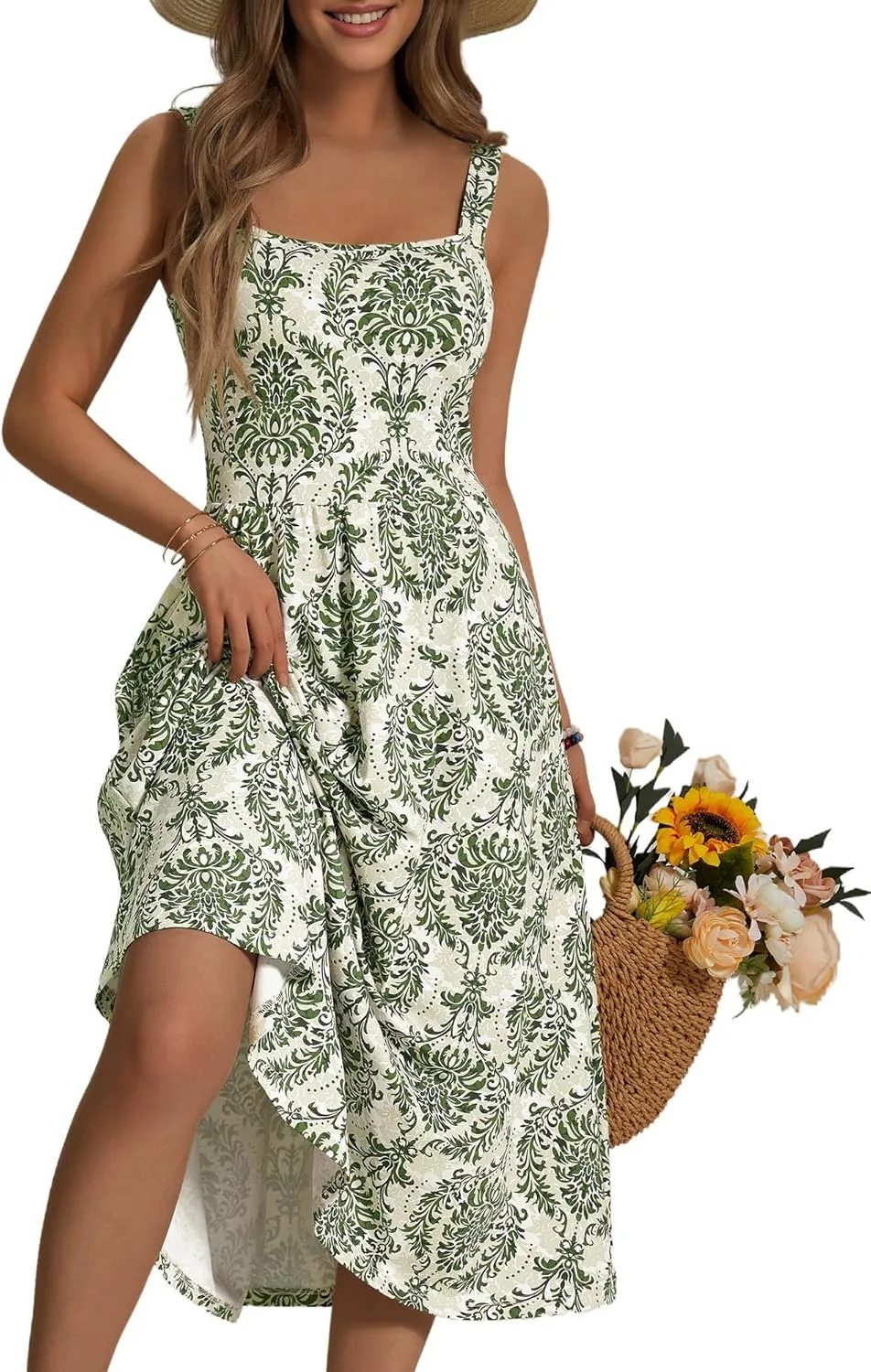 FENSACE Women's Summer Strapped Square Neck Boho Floral A Line Midi Dress with Pockets