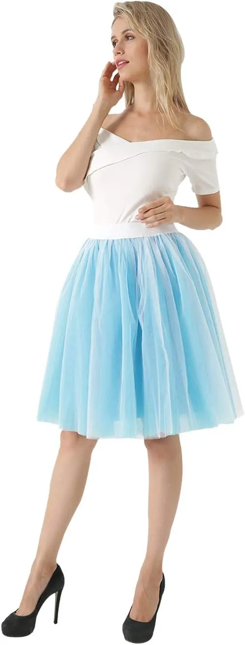 FEOYA Women Tutu Skirts 5 Layered Knee Length Tulle Skirt A-line Pleated Princess Skirts Evening Gown Prom Wedding Skirt