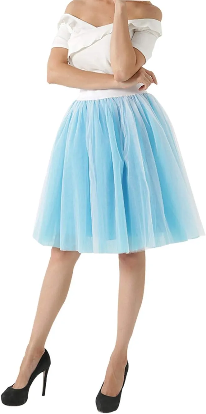 FEOYA Women Tutu Skirts 5 Layered Knee Length Tulle Skirt A-line Pleated Princess Skirts Evening Gown Prom Wedding Skirt