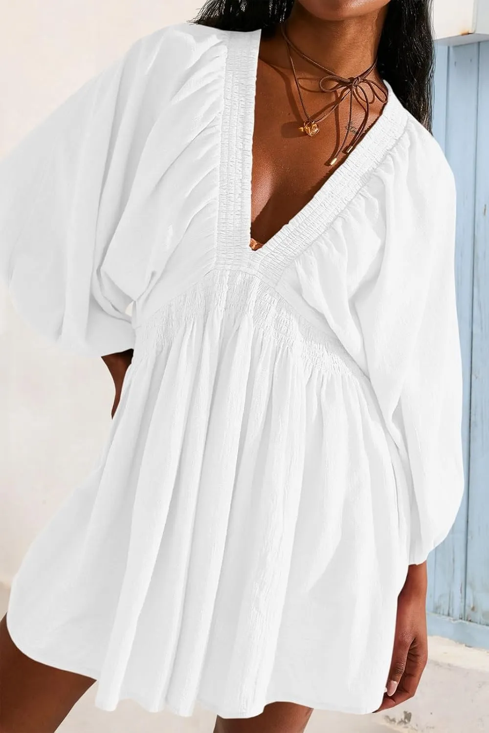 Fisoew Women's Long Sleeve Mini Dresses Deep V Neck Loose Swing Beach A Line Dress with Pockets