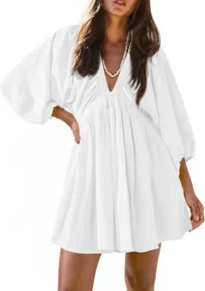 Fisoew Women's Long Sleeve Mini Dresses Deep V Neck Loose Swing Beach A Line Dress with Pockets