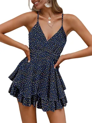 Fixmatti Women Spaghetti Strap Romper V Neck Backless Ruffle Chiffon Shorts Jumpsuit Playsuit