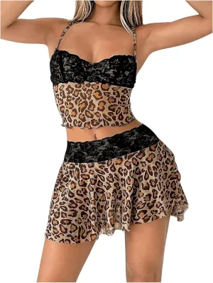 Floerns Women's 2 Piece Outfit Country Concert Leopard Contrast Lace Camisole Mini Skirt Set
