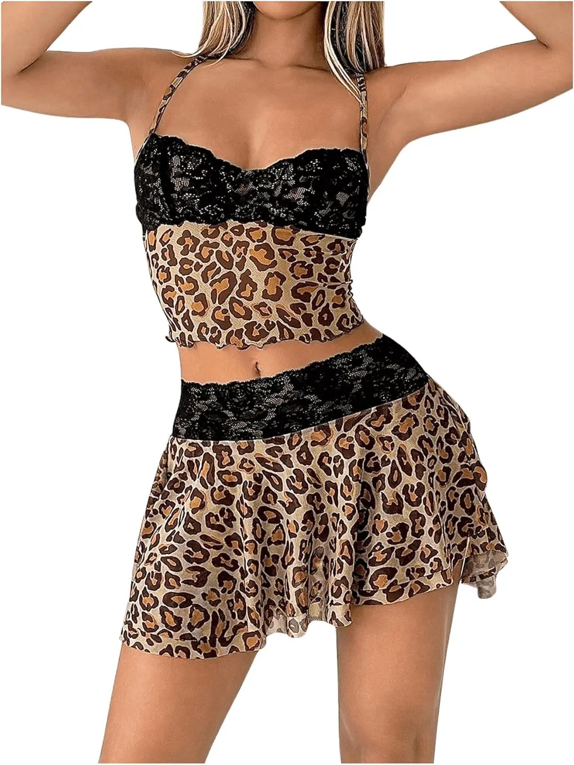 Floerns Women's 2 Piece Outfit Country Concert Leopard Contrast Lace Camisole Mini Skirt Set