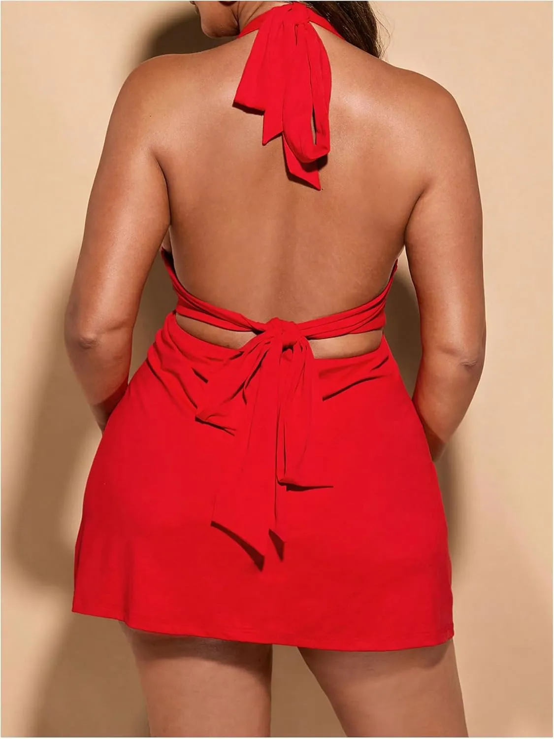 Floerns Women's Plus Size Deep V Neck Halter Dress Tie Back Sleeveless Mini Dresses