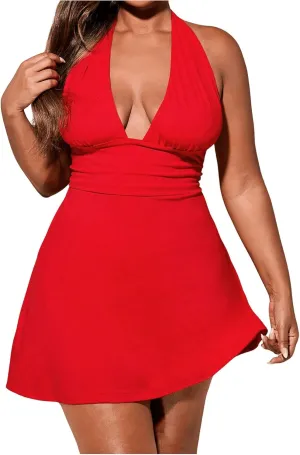 Floerns Women's Plus Size Deep V Neck Halter Dress Tie Back Sleeveless Mini Dresses