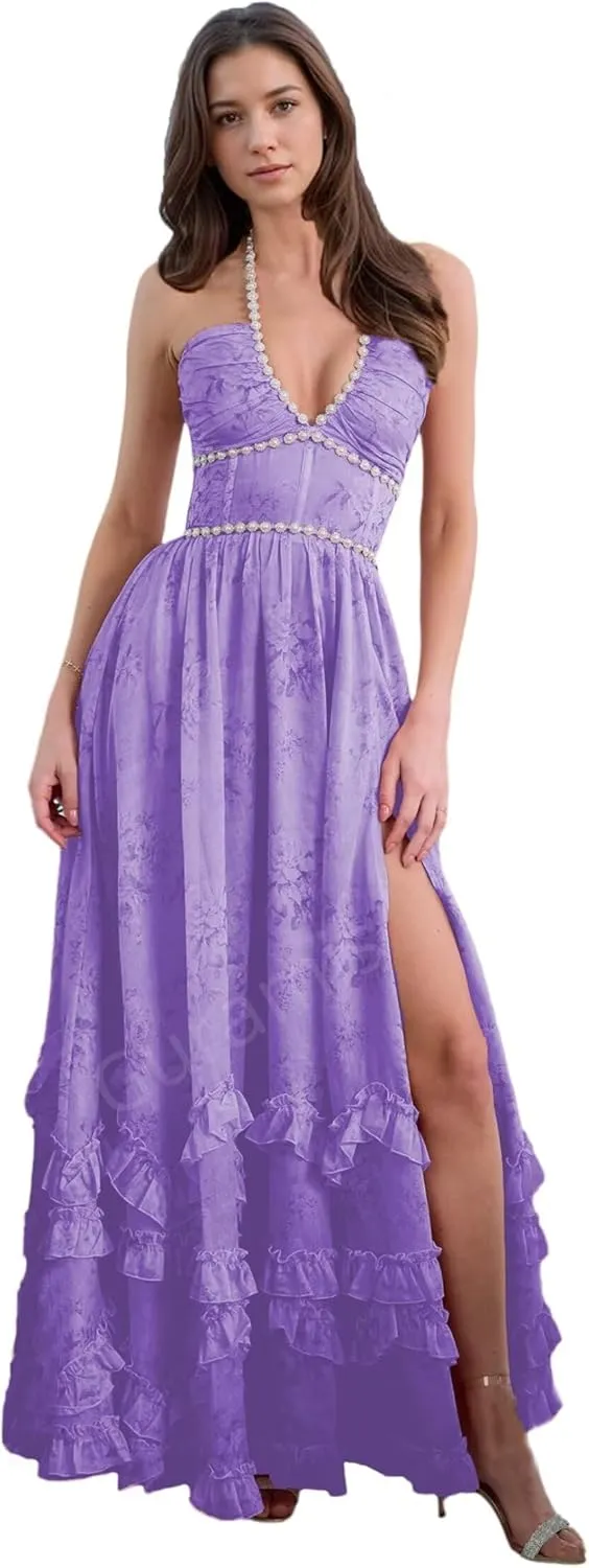 Floral Prom Dresses for Women 2025 Pearl Halter Chiffon Ruffles Ball Gowns Formal Evening Gowns with Slit