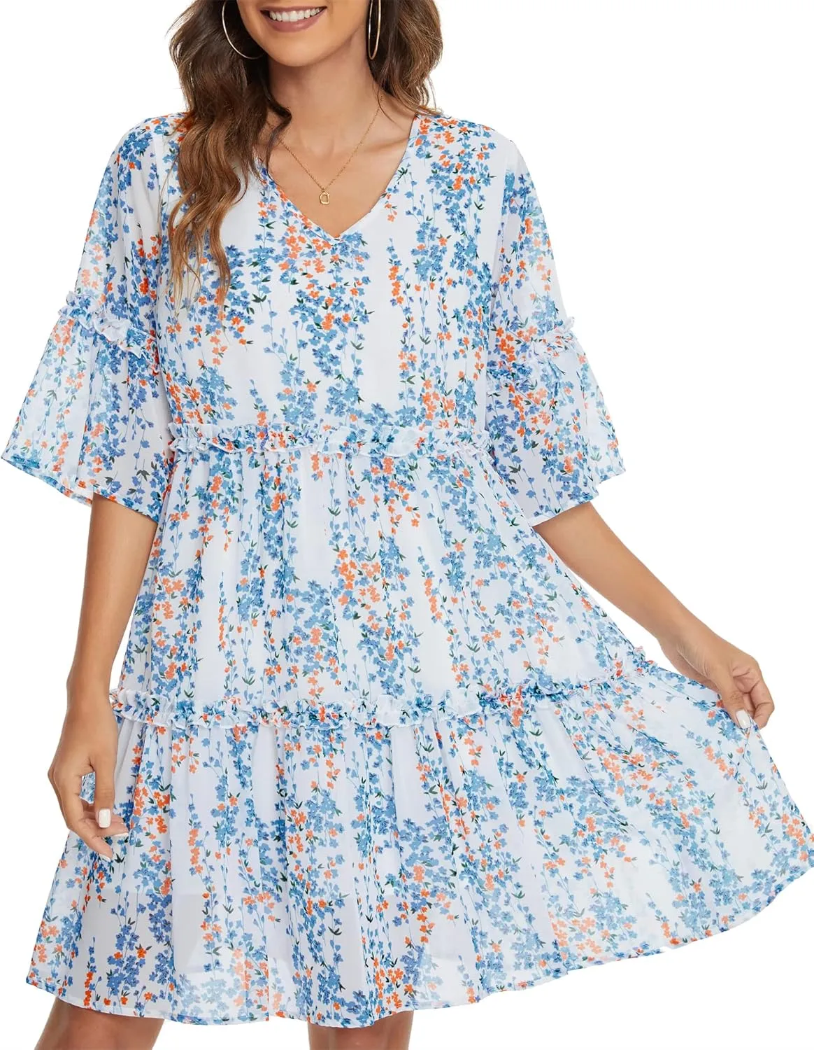 Funlingo Women's Summer Solid Flowy Tunic Mini Dress Short Sleeve V Neck Swing A-line Knee Length Dress