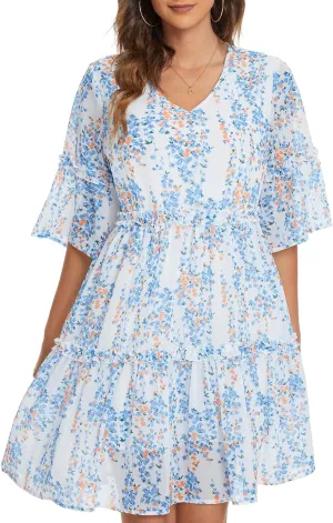 Funlingo Women's Summer Solid Flowy Tunic Mini Dress Short Sleeve V Neck Swing A-line Knee Length Dress