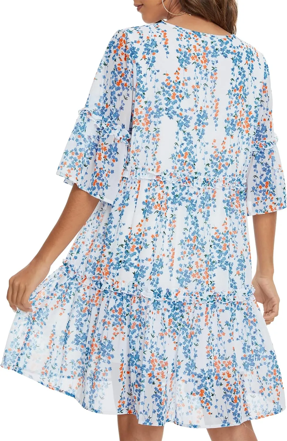 Funlingo Women's Summer Solid Flowy Tunic Mini Dress Short Sleeve V Neck Swing A-line Knee Length Dress