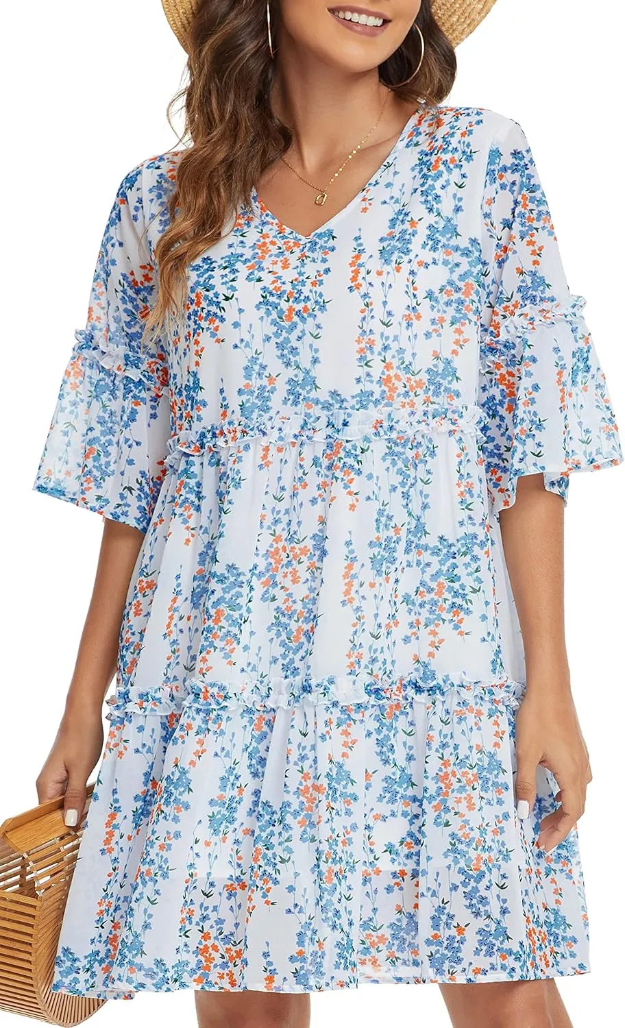 Funlingo Women's Summer Solid Flowy Tunic Mini Dress Short Sleeve V Neck Swing A-line Knee Length Dress