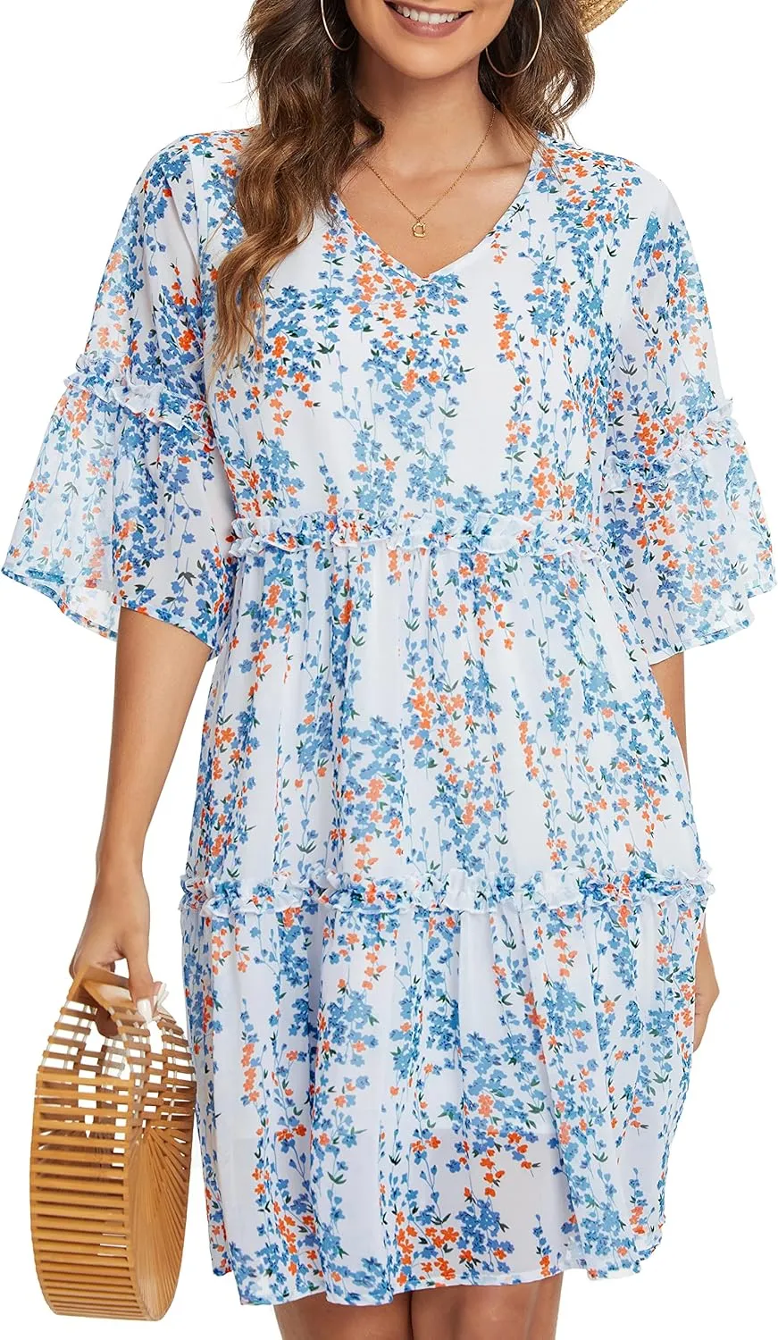 Funlingo Women's Summer Solid Flowy Tunic Mini Dress Short Sleeve V Neck Swing A-line Knee Length Dress