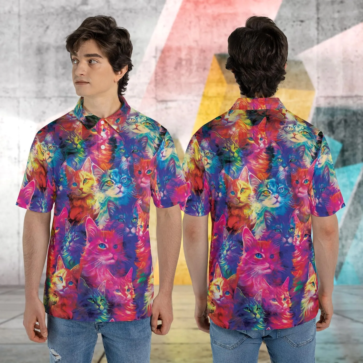 Funny Cat Polo Shirts for Men - Galaxy Cat Men's Regular Fit Quick Dry Golf Polo Shirt Series 04