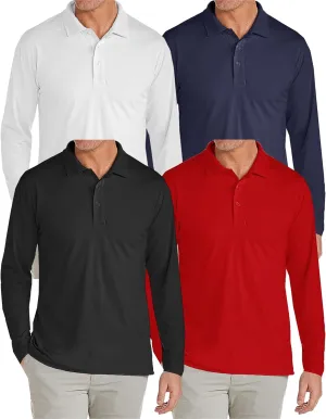Galaxy by Harvic 4-Pack Men's Modern Fit Long Sleeve Stretch Pique Golf Polo Casual Collared Shirt (S-2XL)