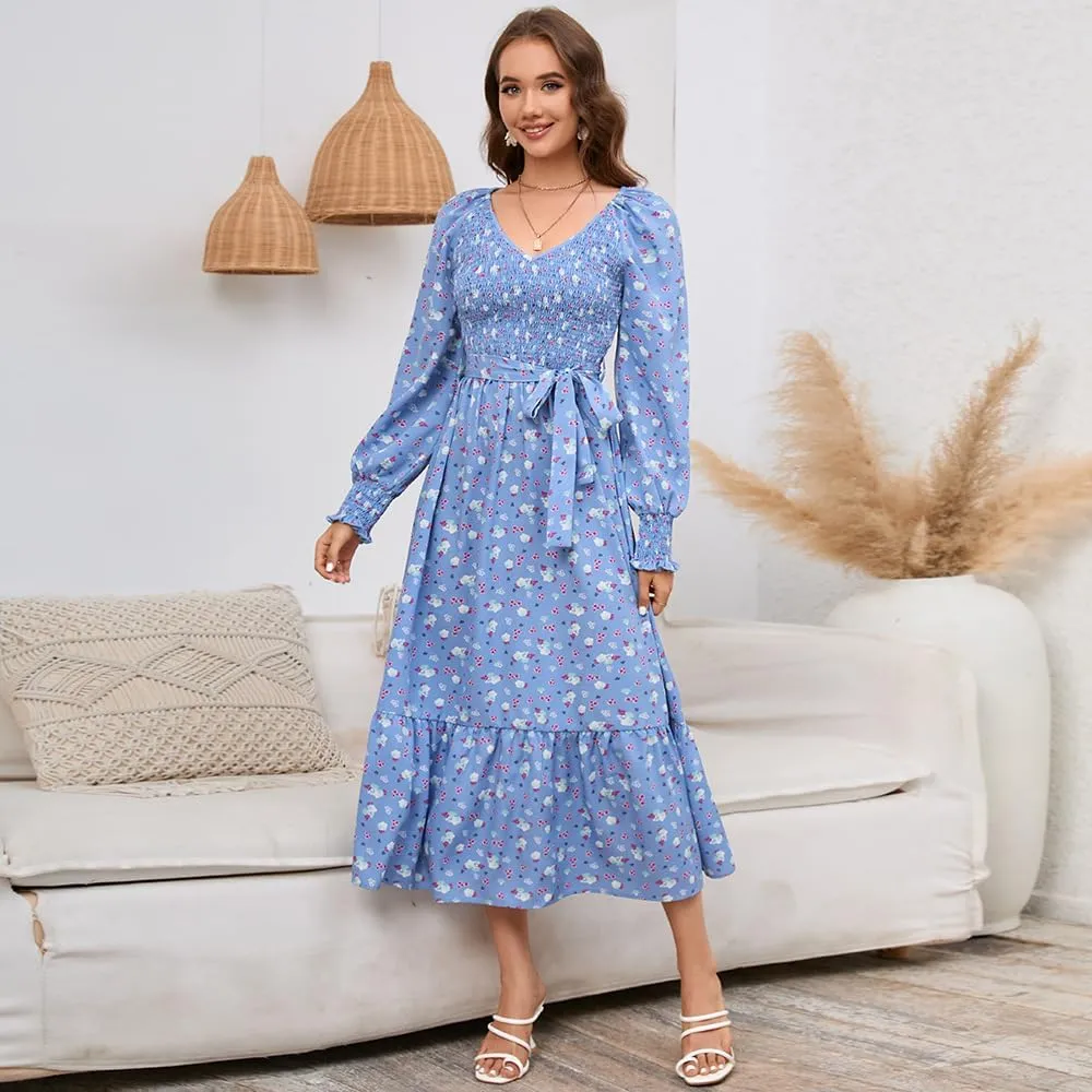 Geleglaer Women's 2023 Casual Long Sleeve Smocked Dress V Neck High Waist Ruffle Tie Midi Dress Plus Size Maxi Dress
