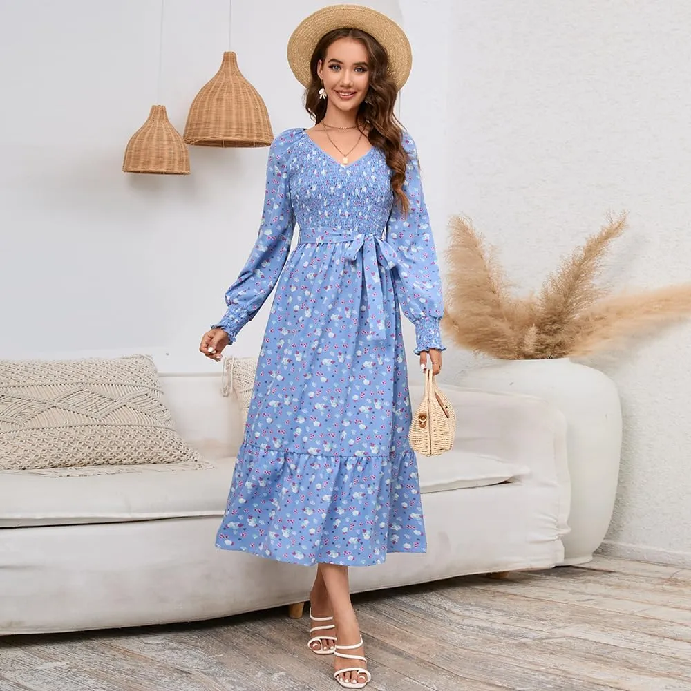 Geleglaer Women's 2023 Casual Long Sleeve Smocked Dress V Neck High Waist Ruffle Tie Midi Dress Plus Size Maxi Dress
