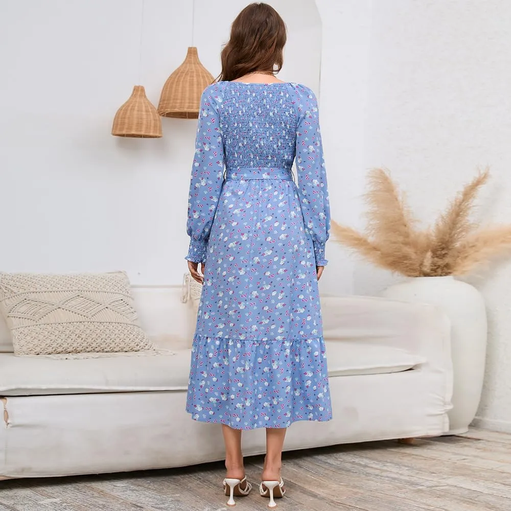 Geleglaer Women's 2023 Casual Long Sleeve Smocked Dress V Neck High Waist Ruffle Tie Midi Dress Plus Size Maxi Dress