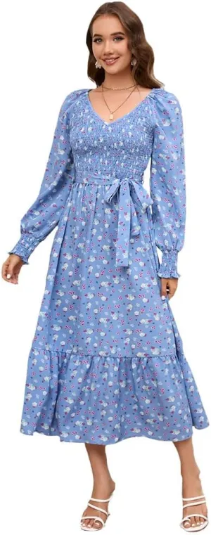 Geleglaer Women's 2023 Casual Long Sleeve Smocked Dress V Neck High Waist Ruffle Tie Midi Dress Plus Size Maxi Dress