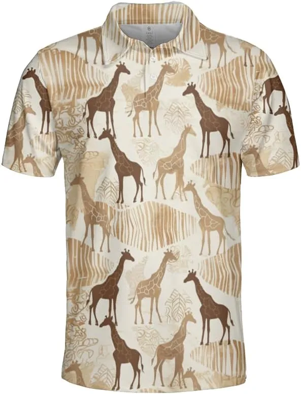Giraffe Polo Shirts for Men - Giraffe Lover Stylish Mens Goft Shirt Casual Short Sleeve Button Down Outfit Set 23