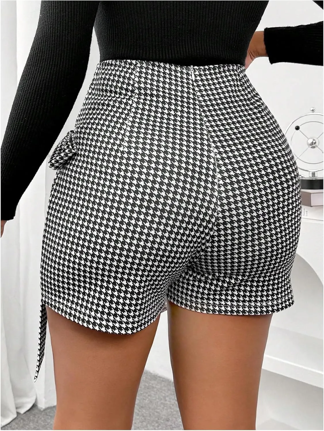 GORGLITTER Women's Bow Knot Asymmetrical Mini Skort Houndstooth High Waisted Wrap Bodycon Shorts Business Casual 2025