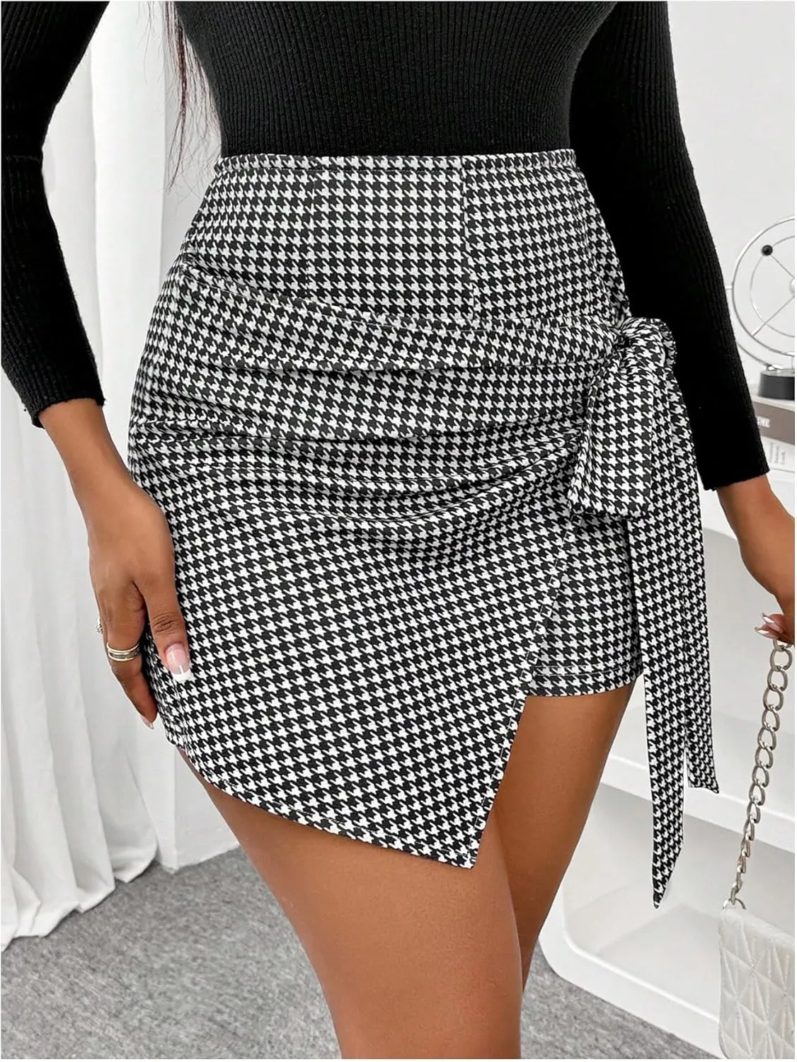 GORGLITTER Women's Bow Knot Asymmetrical Mini Skort Houndstooth High Waisted Wrap Bodycon Shorts Business Casual 2025