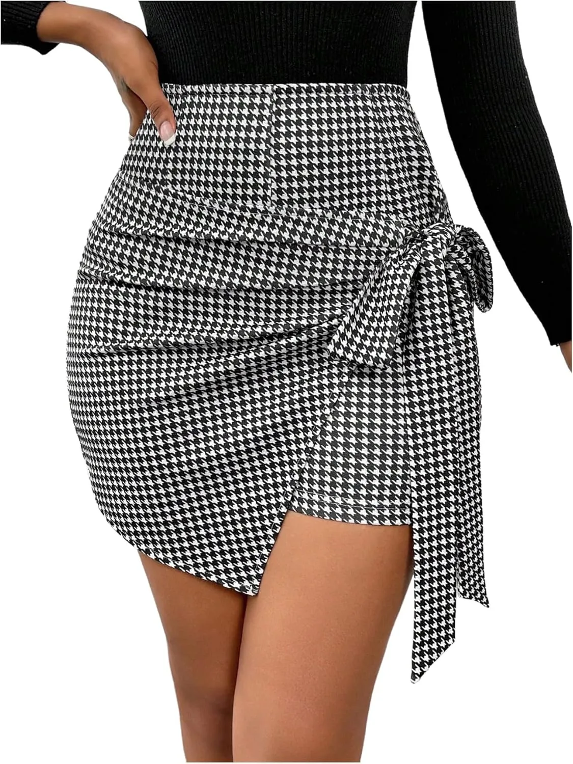 GORGLITTER Women's Bow Knot Asymmetrical Mini Skort Houndstooth High Waisted Wrap Bodycon Shorts Business Casual 2025