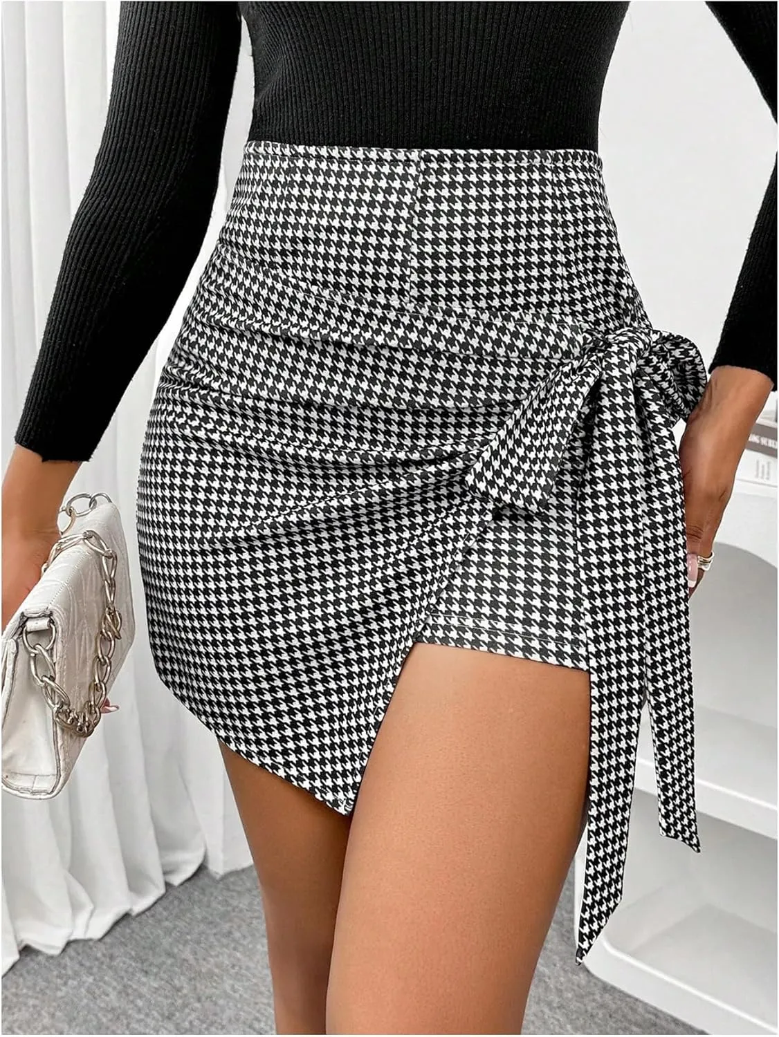 GORGLITTER Women's Bow Knot Asymmetrical Mini Skort Houndstooth High Waisted Wrap Bodycon Shorts Business Casual 2025