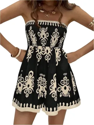 GORGLITTER Women's Floral Print Strapless Romper Open Back Boho Sleeveless Smocked Shorts Jumpsuit