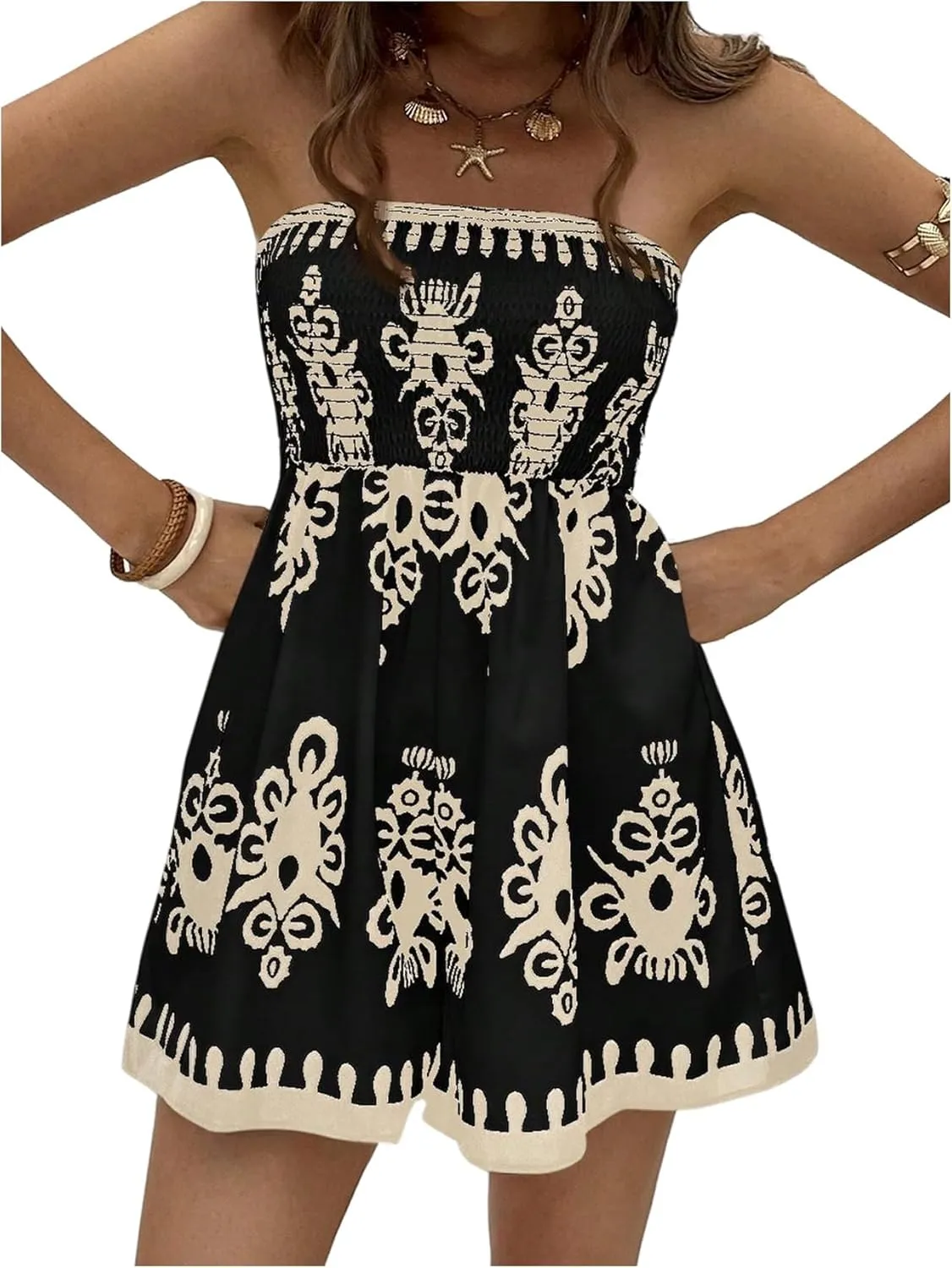GORGLITTER Women's Floral Print Strapless Romper Open Back Boho Sleeveless Smocked Shorts Jumpsuit