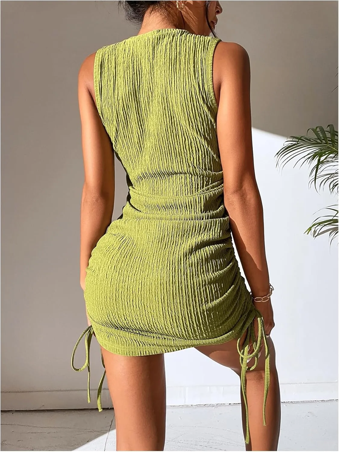 GORGLITTER Women's Ruched Mini Dress Drawstring Sleeveless Textured Tank Dresses