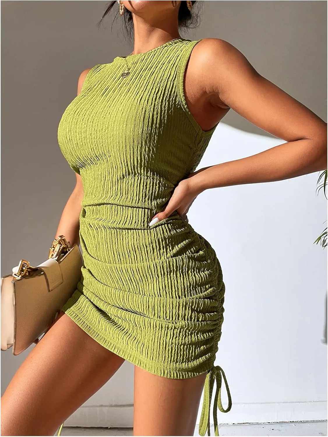 GORGLITTER Women's Ruched Mini Dress Drawstring Sleeveless Textured Tank Dresses