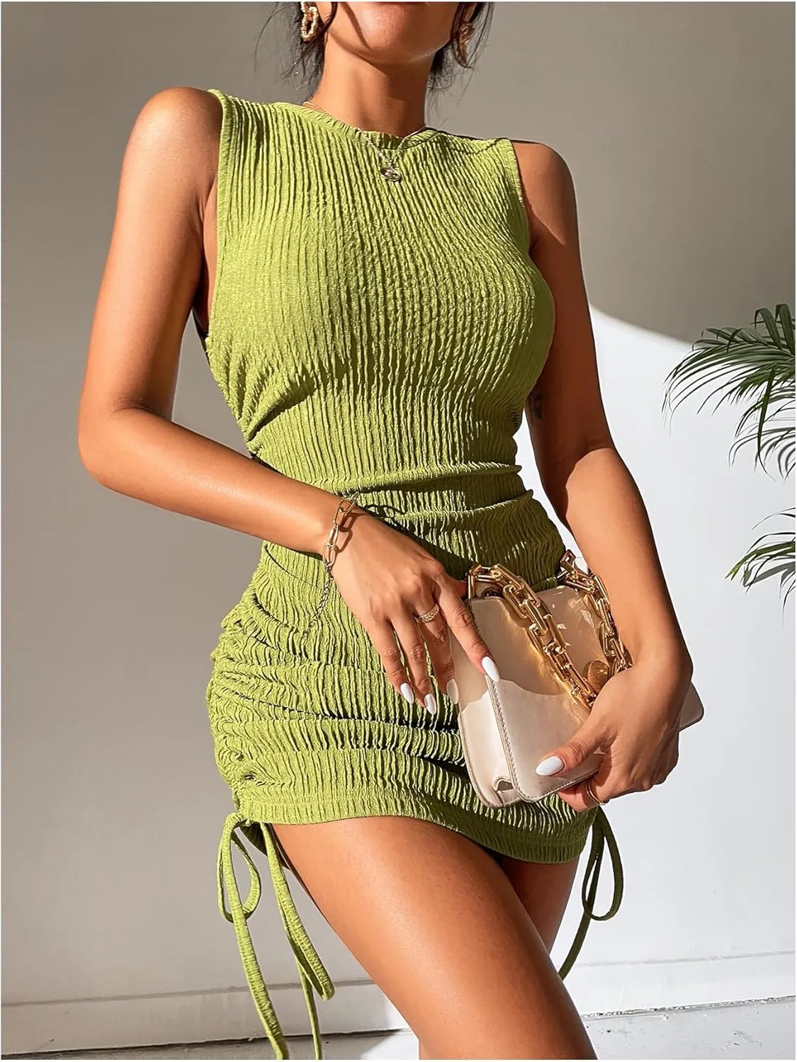 GORGLITTER Women's Ruched Mini Dress Drawstring Sleeveless Textured Tank Dresses