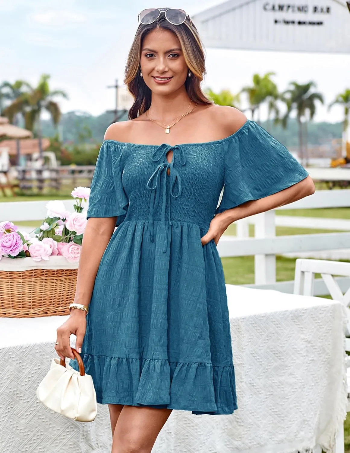 GRACE KARIN Womens Summer Short Sleeve Mini Dress Off Shoulder Tie Front Smocked Babydoll Dress Flowy A Line Casual Sundress