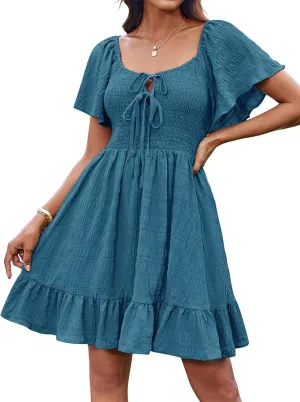 GRACE KARIN Womens Summer Short Sleeve Mini Dress Off Shoulder Tie Front Smocked Babydoll Dress Flowy A Line Casual Sundress