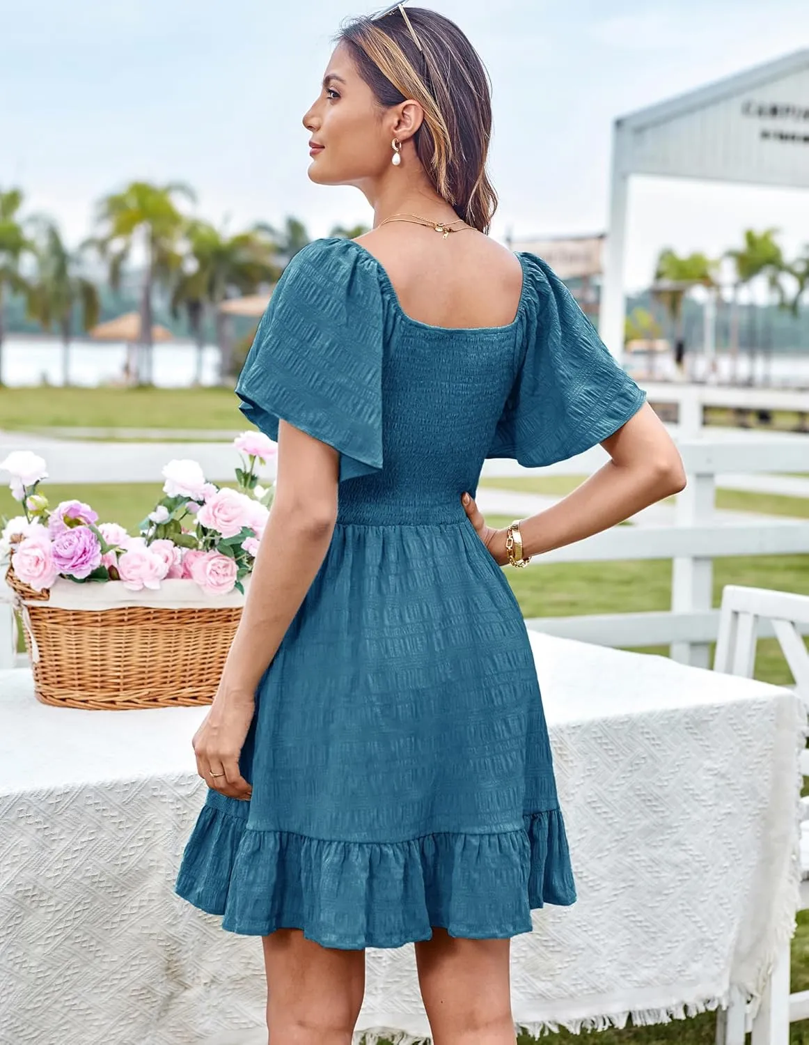 GRACE KARIN Womens Summer Short Sleeve Mini Dress Off Shoulder Tie Front Smocked Babydoll Dress Flowy A Line Casual Sundress