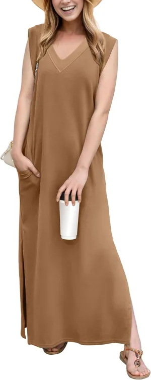 GRECERELLE 2025 Women Summer V-Neck Casual Loose Split Wrinkle-Free Long Maxi Beach Dress with Pockets