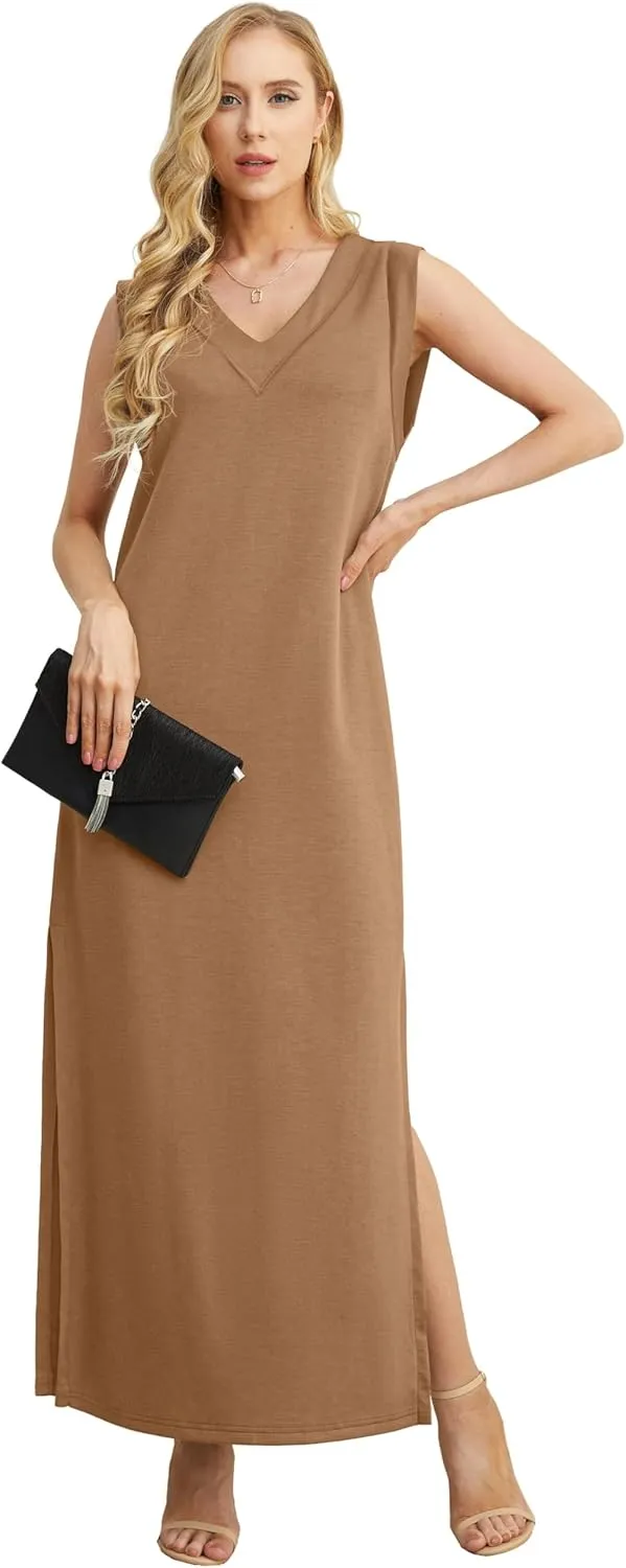 GRECERELLE 2025 Women Summer V-Neck Casual Loose Split Wrinkle-Free Long Maxi Beach Dress with Pockets