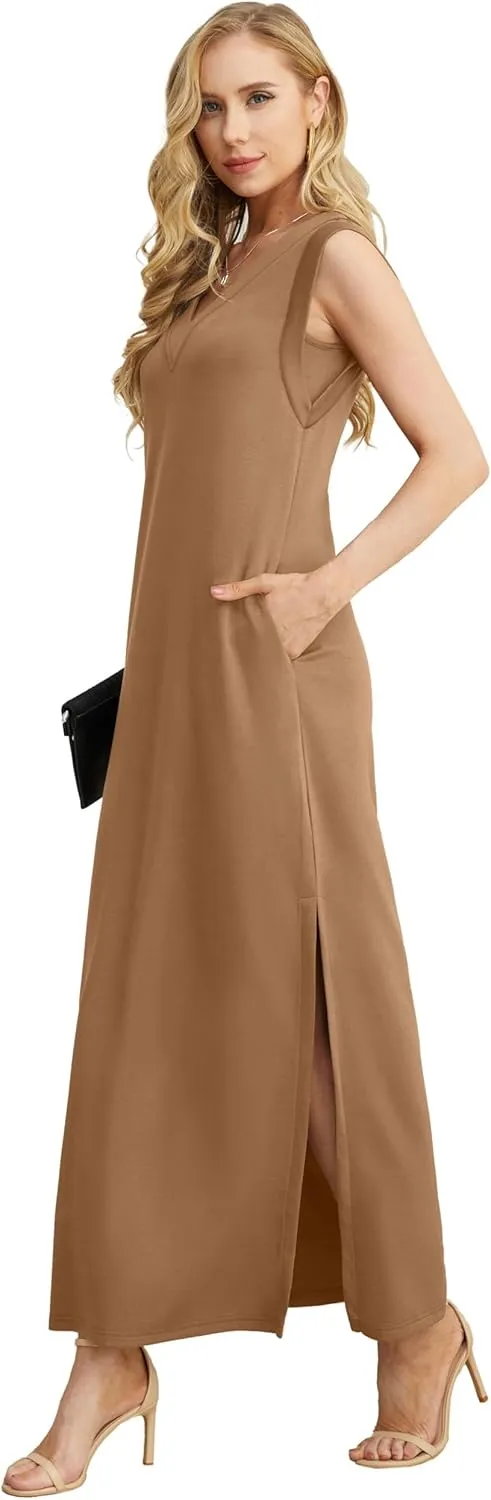 GRECERELLE 2025 Women Summer V-Neck Casual Loose Split Wrinkle-Free Long Maxi Beach Dress with Pockets